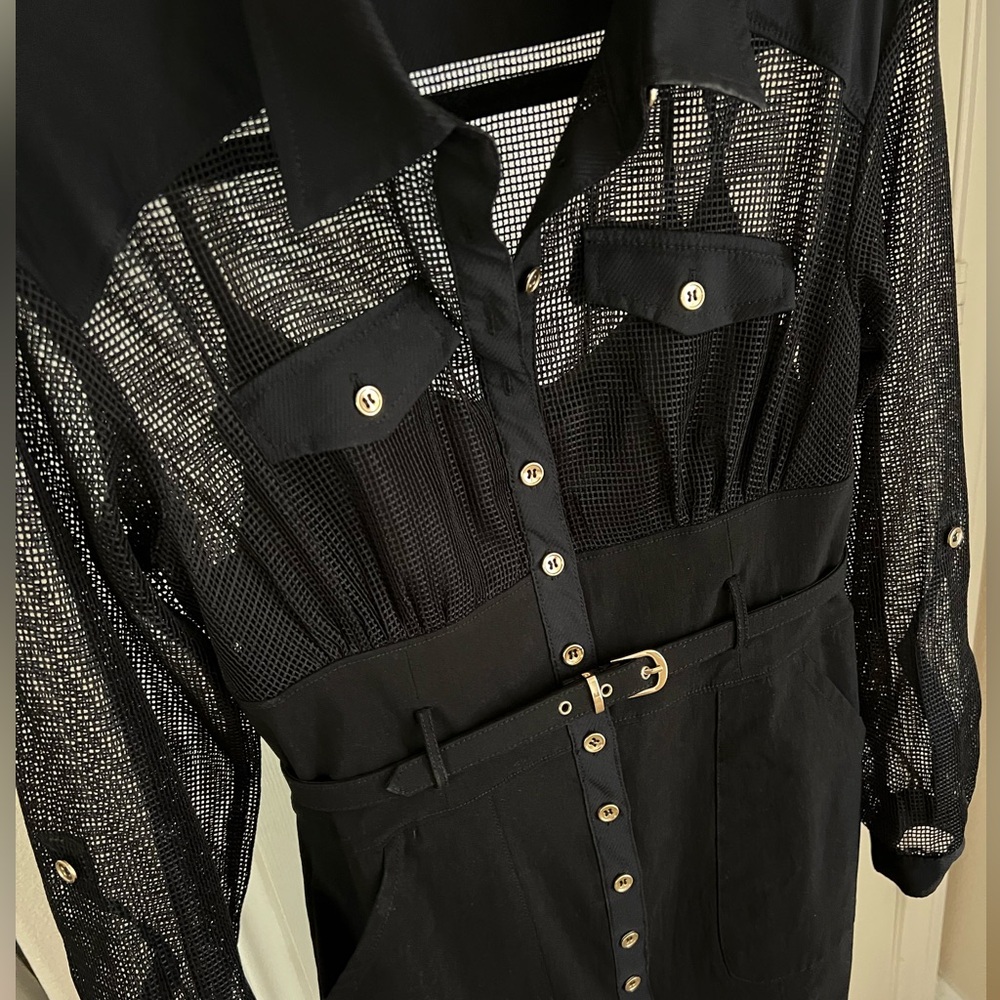 🔥 Bebe Black Collared Sheer Mesh blouson Sleeve Dress Sz. 8